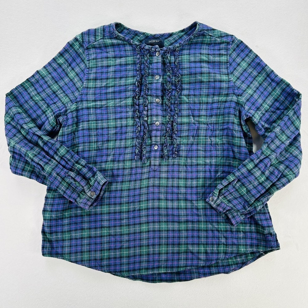 Lands End Blouse Womens Large 14-16 Green Plaid Flannel Long Sleeve Ruffle